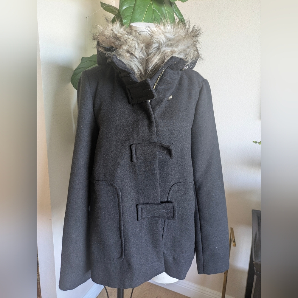 Zara Black Pea Coat with Faux Fur Trim